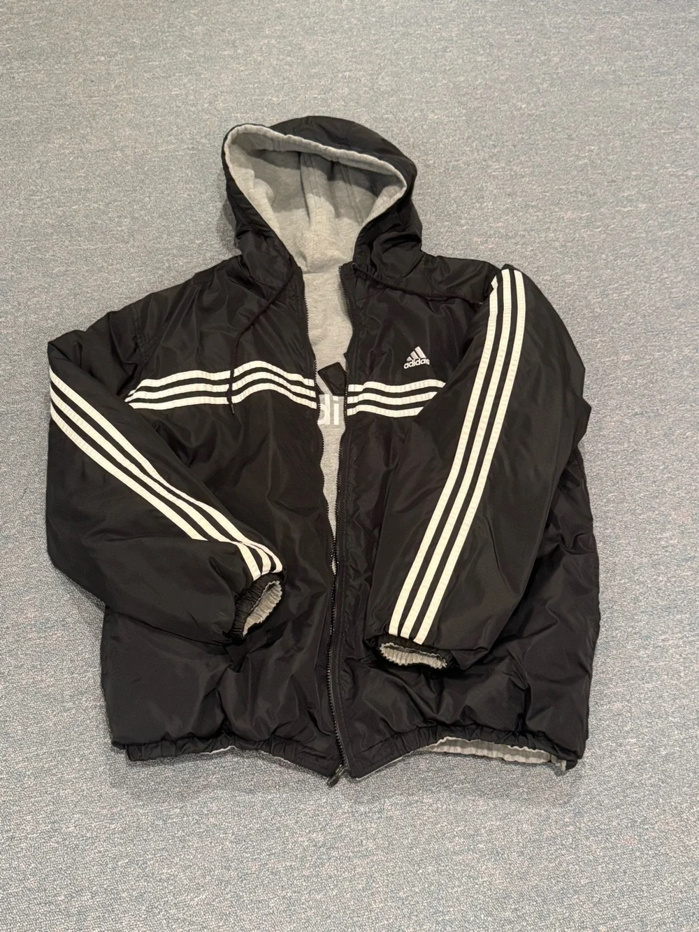 Vintage Adidas Black Hooded Reversible Hooded Puffer Jacket with White Stripe